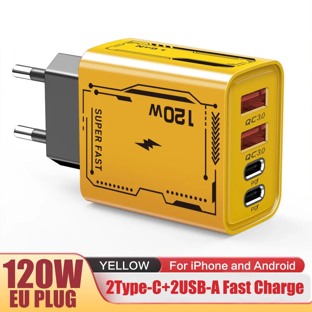 120W GaN Fast Charger - 4-Port USB-C PD Quick Charge for iPhone, Laptop & Tablet
