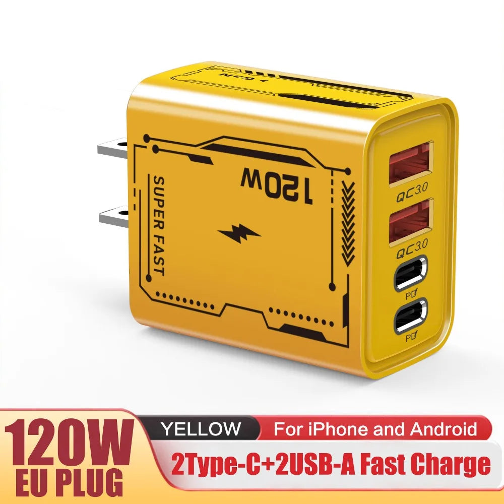 120W GaN Fast Charger - 4-Port USB-C PD Quick Charge for iPhone, Laptop & Tablet
